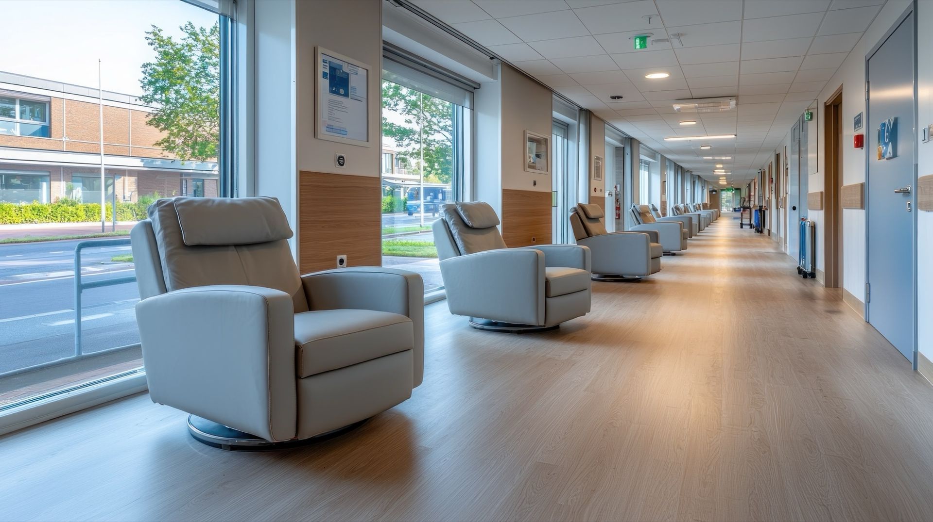 A bright hospital hallway lined with light gray recliners placed by large windows overlooking an outdoor area.