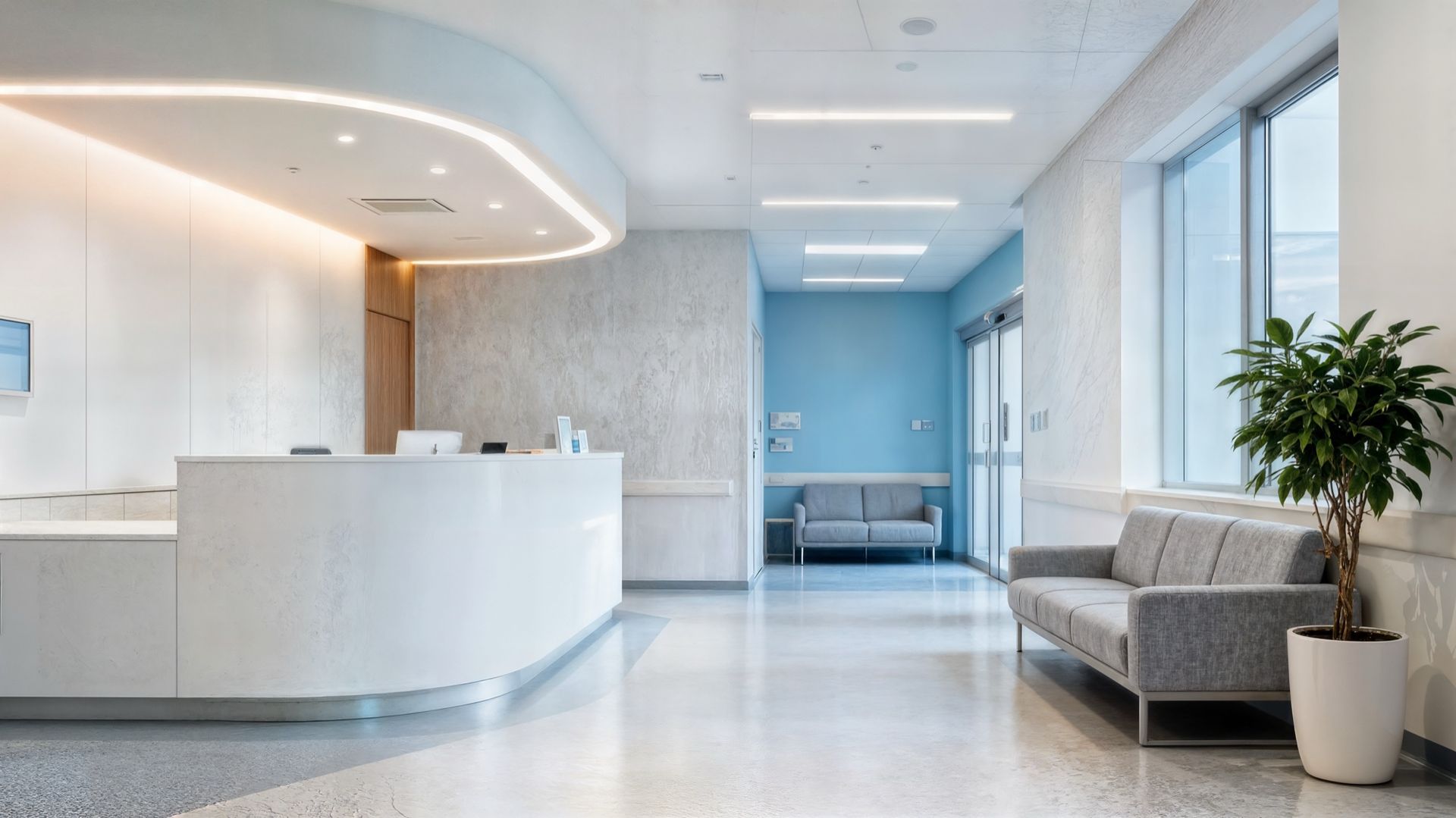 Modern waiting area featuring a curved white reception desk, grey sofa, blue accent wall, and a potted plant by a window.