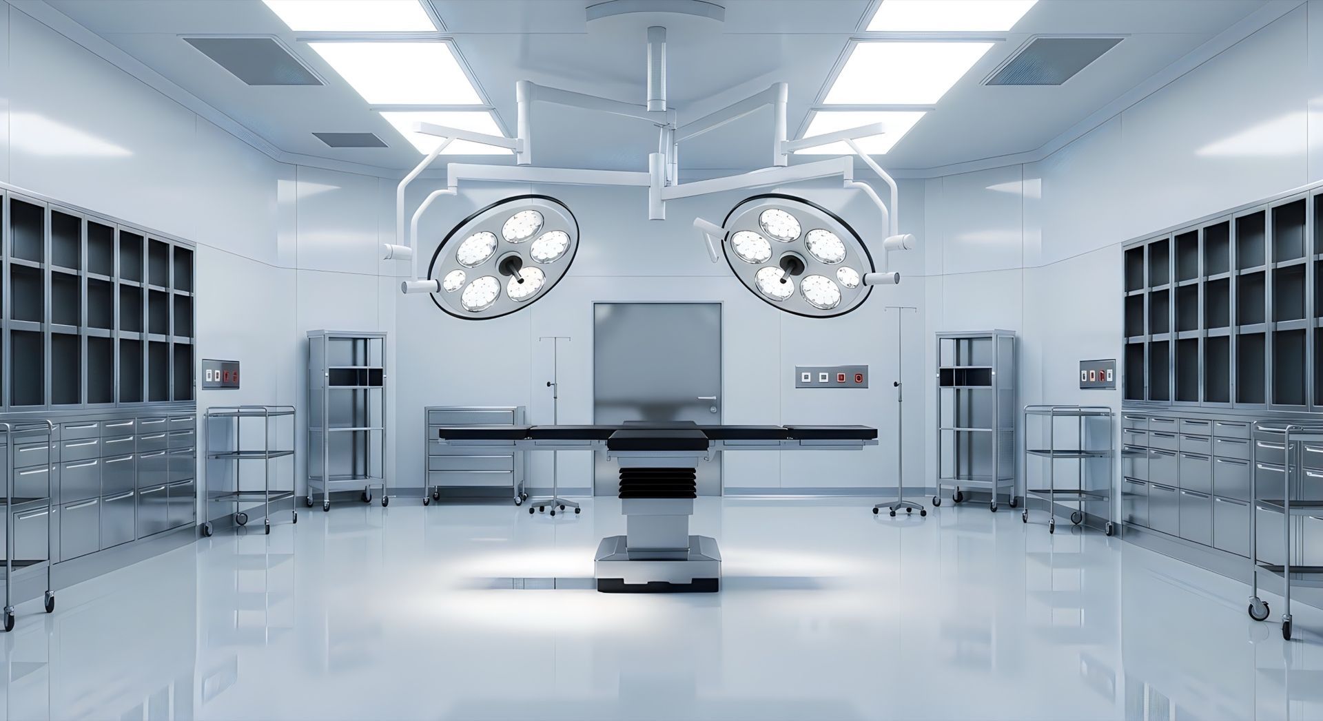 A brightly lit, modern operating room featuring a surgical table in the center under two overhead surgical lights.