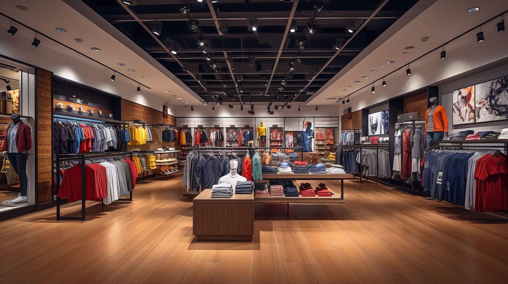 A retail clothing store featuring rows of apparel on racks, display tables, and warm wooden flooring under track lighting.