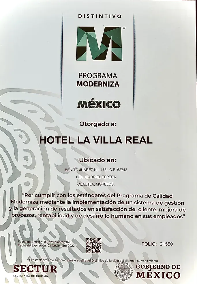 Un certificado para el hotel la villa real en mexico