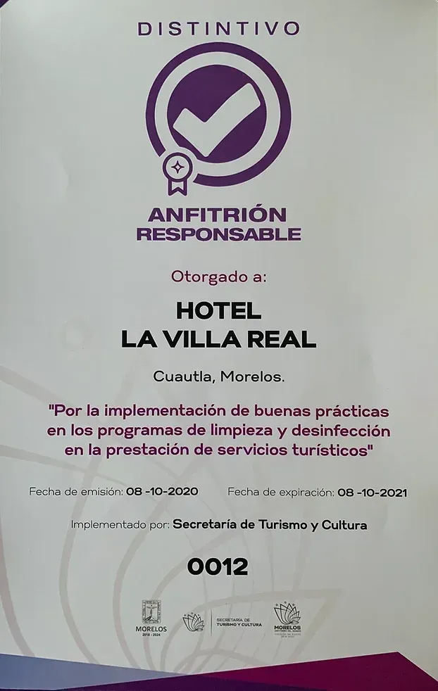 Un certificado que diga hotel la villa real