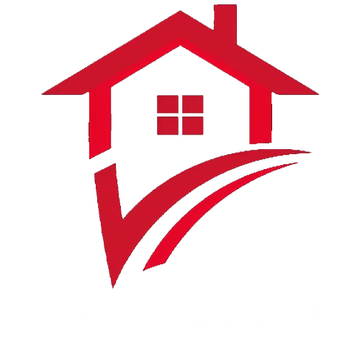 Red house icon combined with a checkmark symbol on a white background.