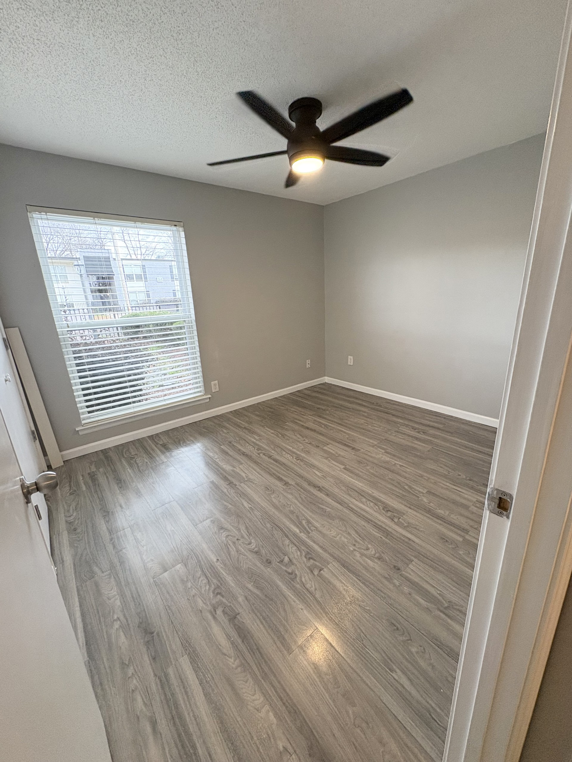 Empty bedroom with gray walls, wood-look floors, ceiling fan, and a window with blinds.