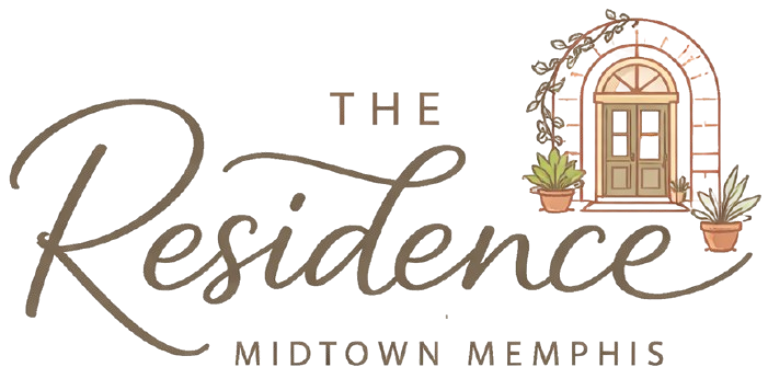 Logo for The Residence Midtown Memphis with an arched door illustration in tan and brown