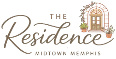 Logo for The Residence Midtown Memphis with an arched door illustration in tan and brown