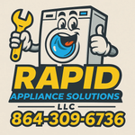 Cartoon washing machine holding a wrench, giving a thumbs up; Rapid Appliance Solutions logo with phone number.