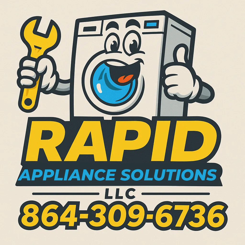 Cartoon washing machine holding a wrench, giving a thumbs up; Rapid Appliance Solutions logo with phone number.