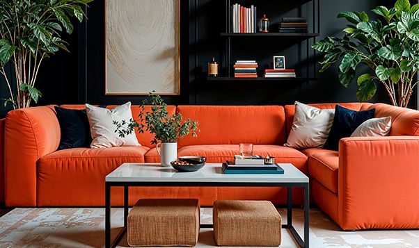 Orange sectional sofa in a living room with black walls, a coffee table, and plants.
