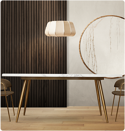Dining room with marble table, gold legs, two chairs, pendant light, and decorative wall.