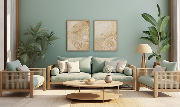 Living room with aqua walls, light wood furniture, and tropical plants.