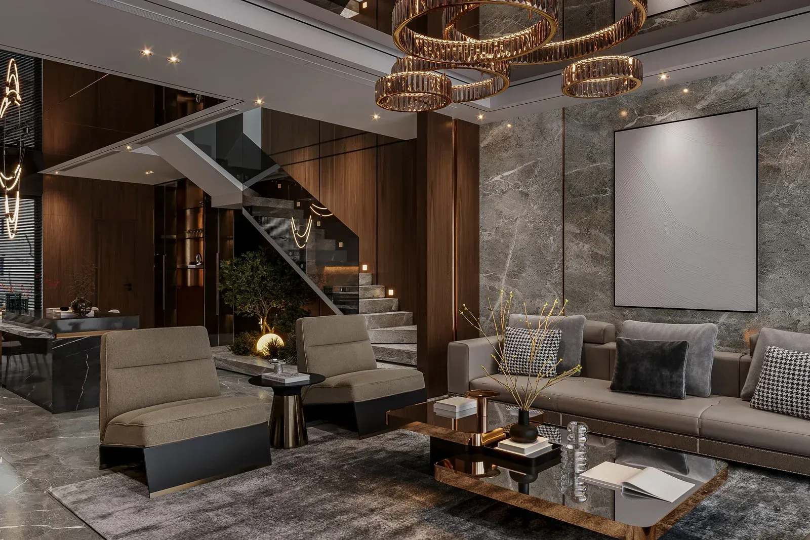 Luxurious living room with brown and gray tones, modern furniture, and a floating staircase.