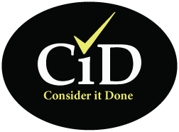 A logo for cid consider it done with a check mark on it.