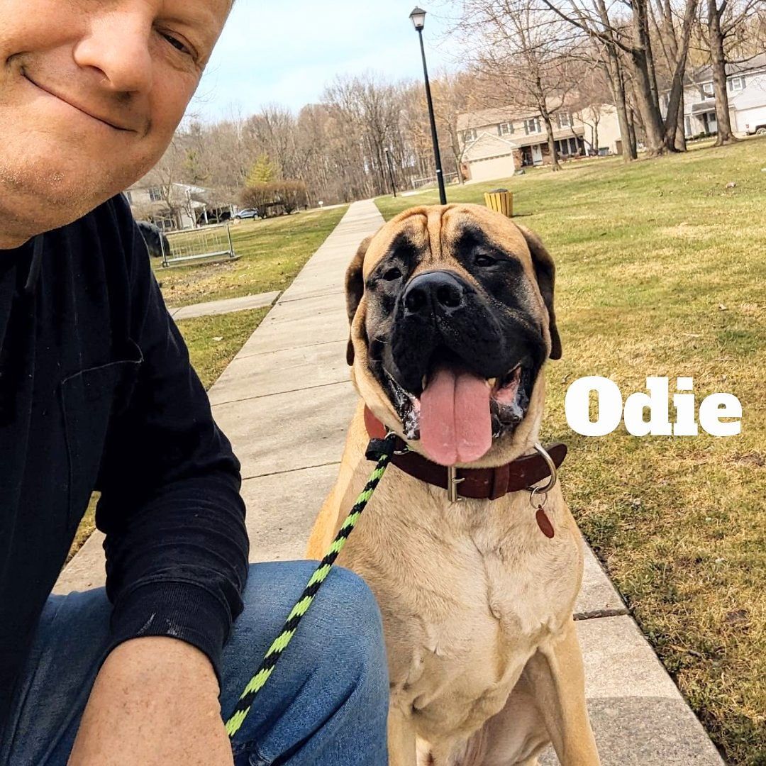 A man is sitting next to a dog named Odie