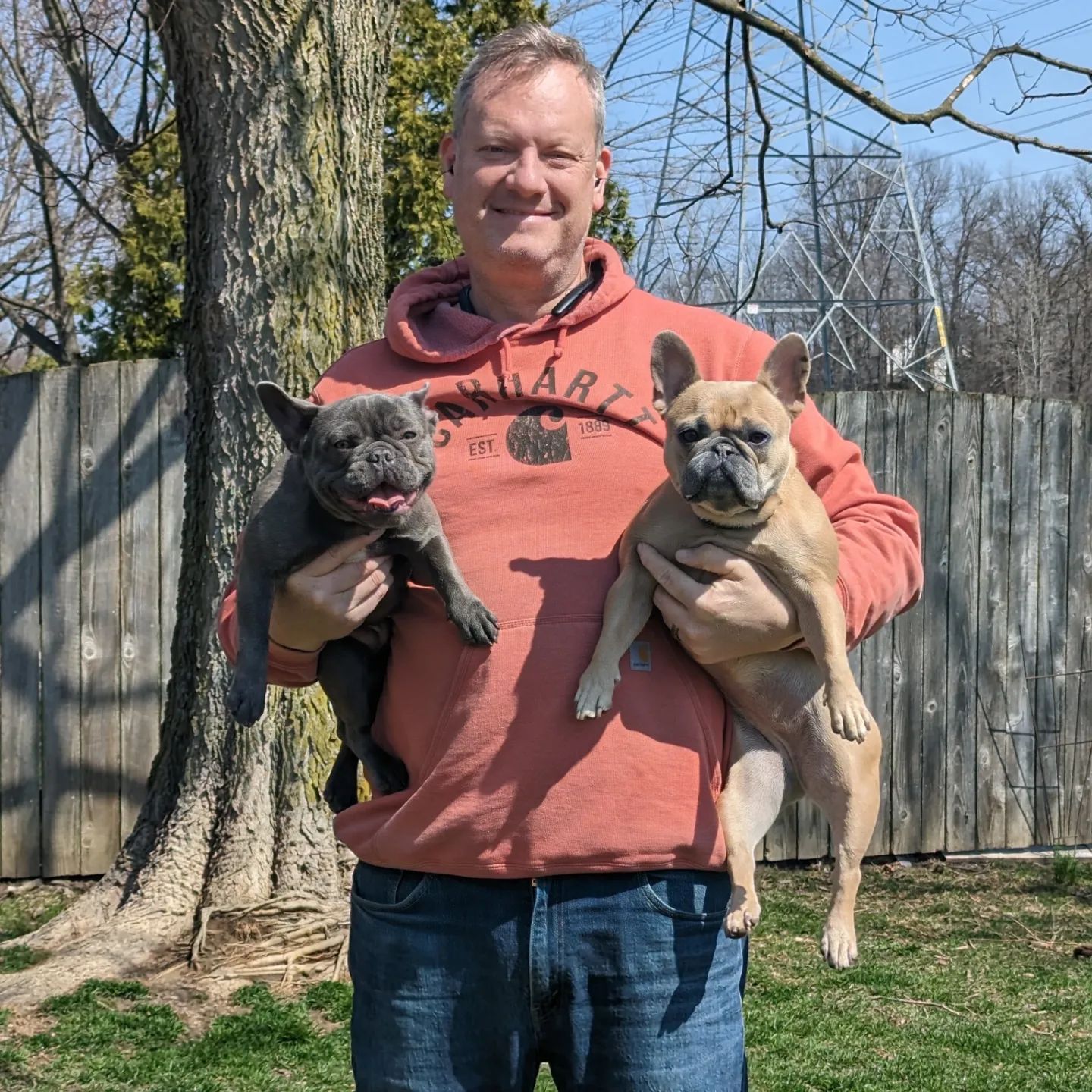 A man in an orange sweatshirt is holding two puppies training them in the Bloomfield Hills MI area