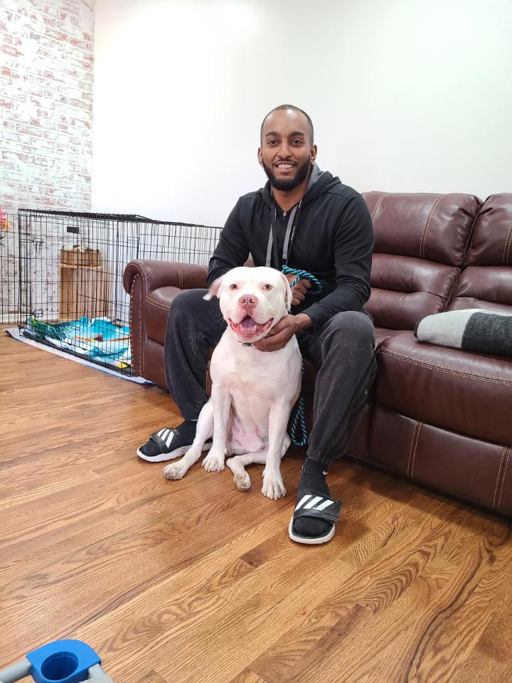 A smiling man sits on a brown leather couch indoors with a large white dog resting between his legs.