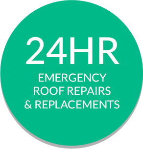 an orange circle that says 24hr emergency roof repairs and replacements
