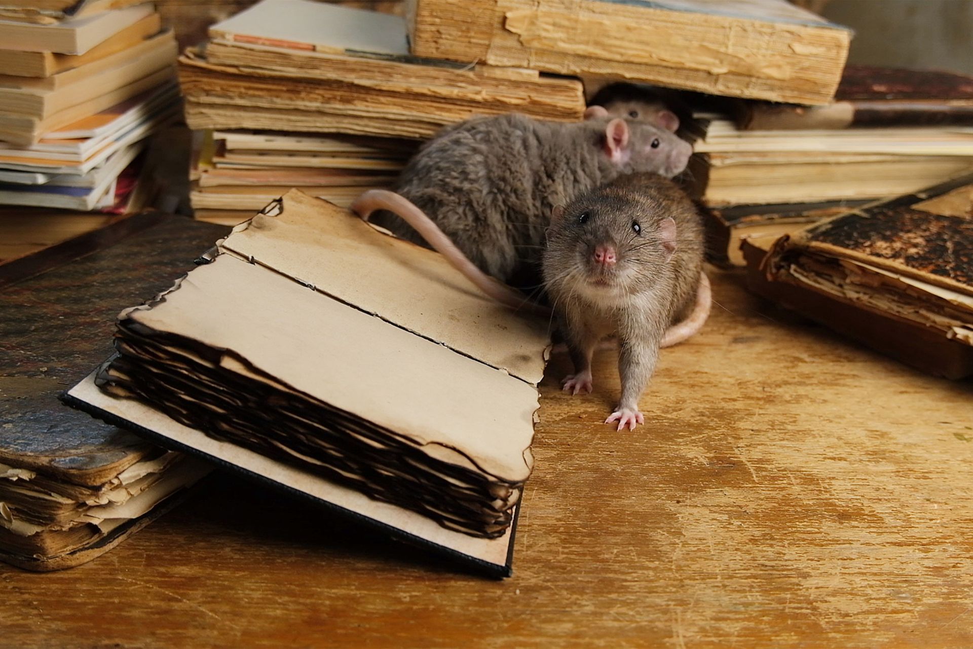 Two mice are sitting on top of an open book