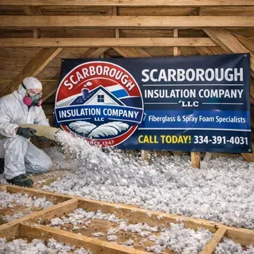 Insulation being blown into an attic from a white hose, covering the floor.