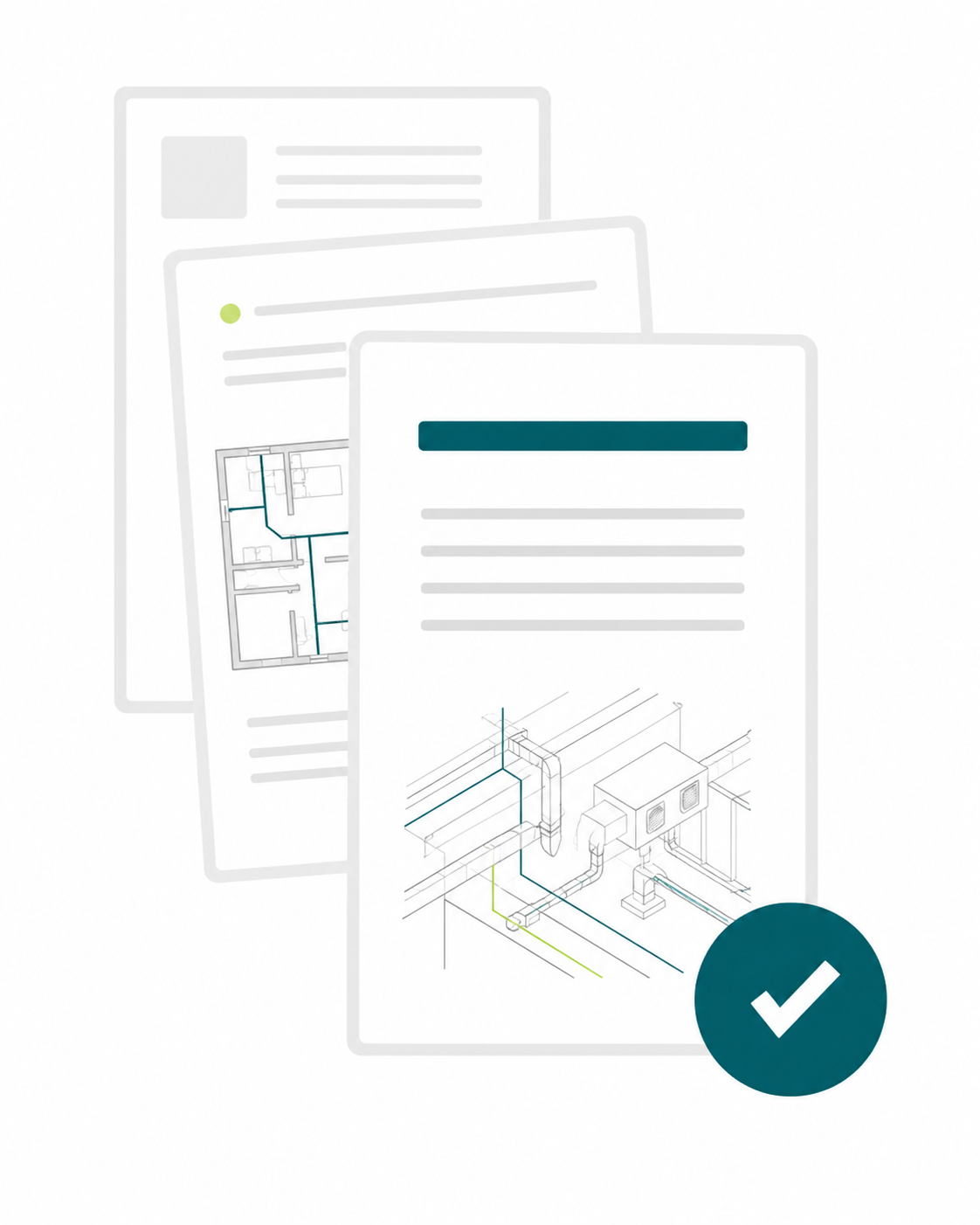 Stack of documents with a teal checkmark icon indicating approval or completion