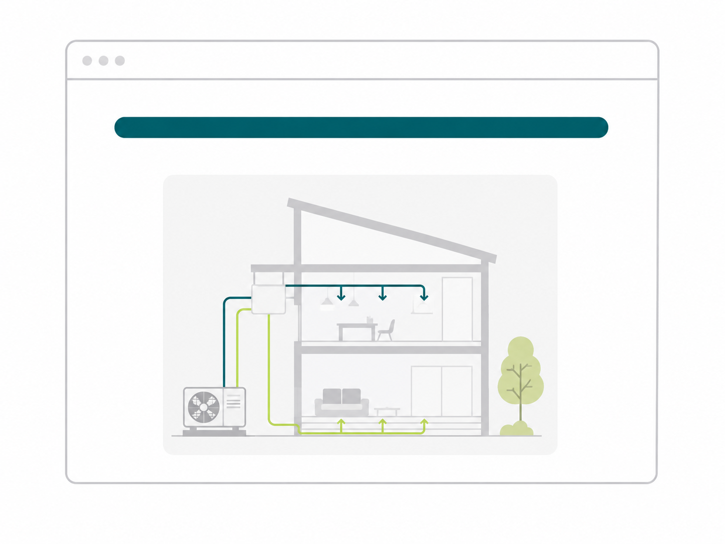 Illustration of a house interior section with HVAC ducting and an outdoor unit on a laptop screen.