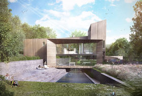 Modern wooden home built over a waterway; people relax outside.