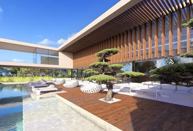 Modern home exterior with pool, wooden deck, bonsai trees, and minimalist furnishings.