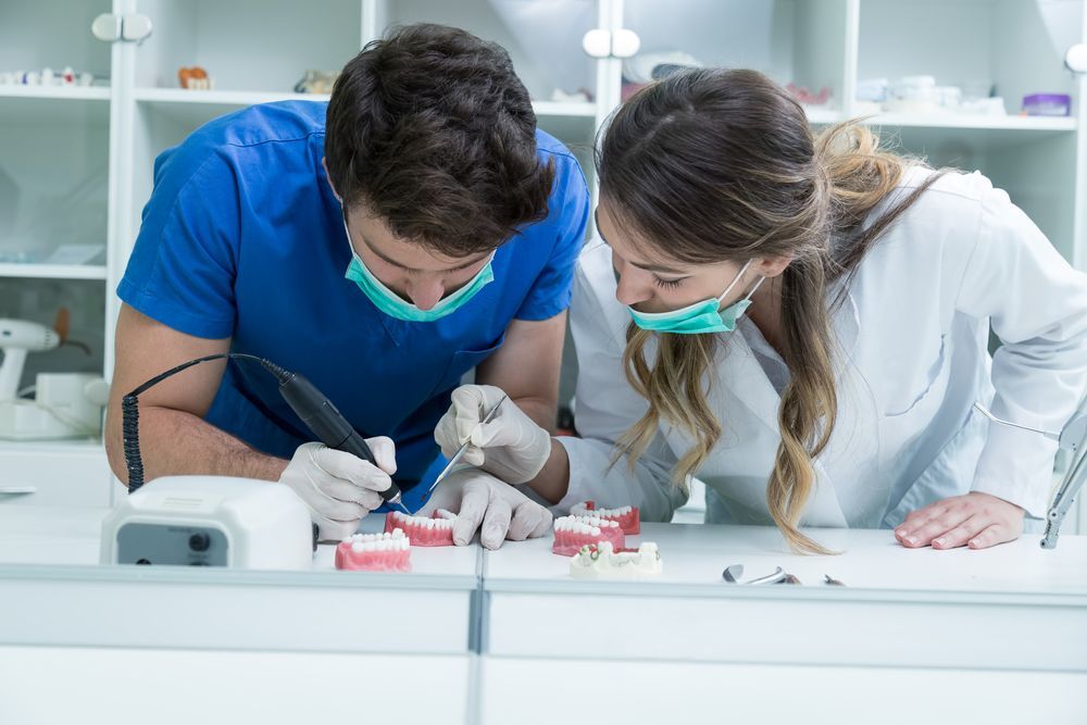 A Man And A Woman Are Working On A Model Of Teeth In A Dental Office — Alice Denture Clinic In Ciccone, NT