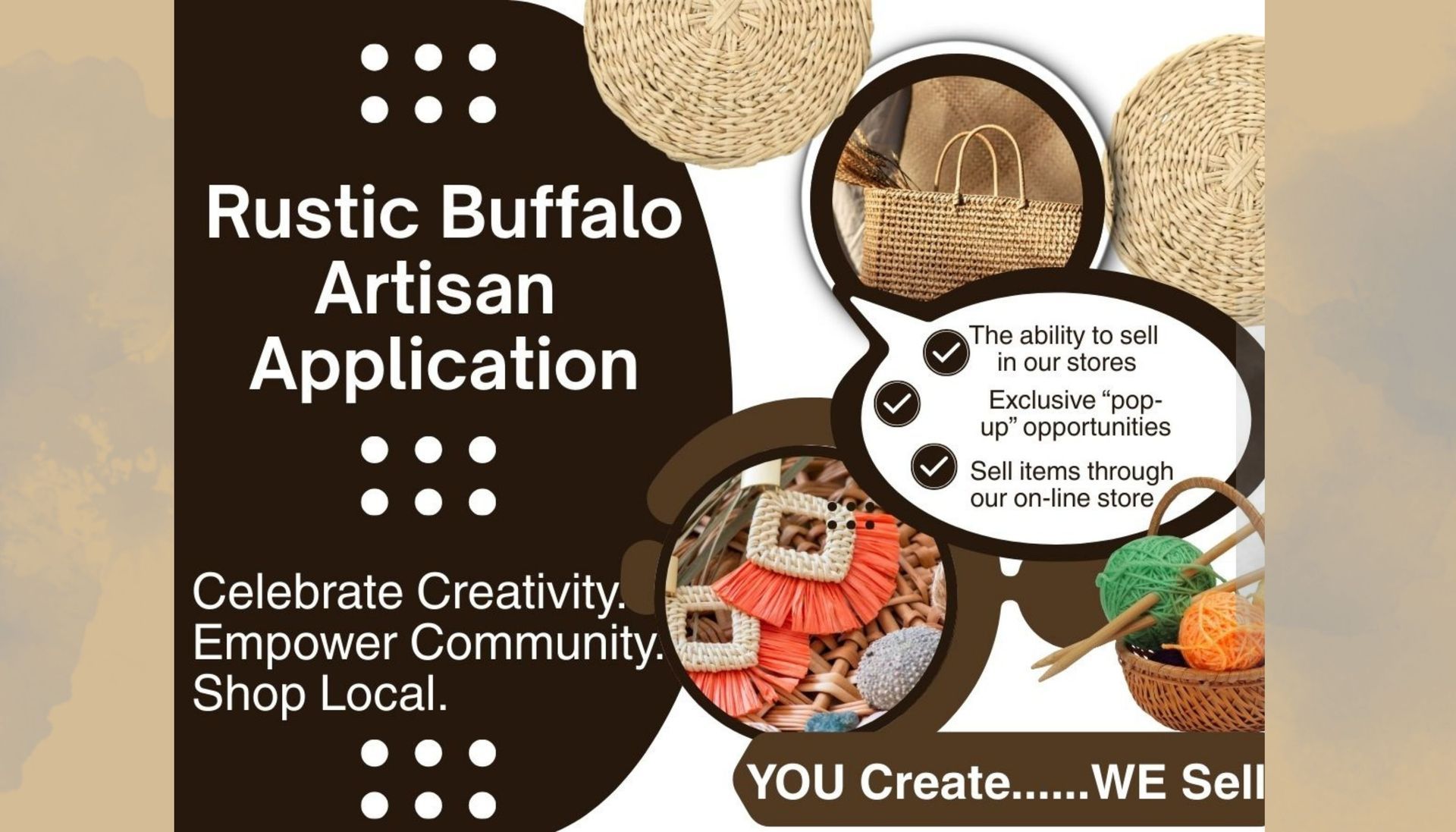 Advertisement for Rustic Buffalo Artisan Application. Features handcrafted items and text about the application.