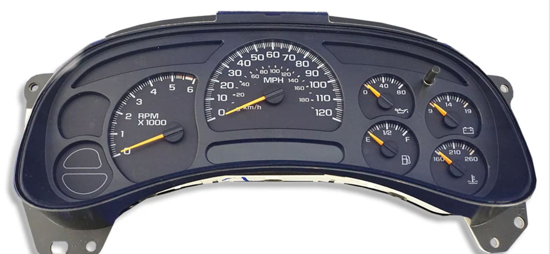 A black dashboard with a few gauges on it