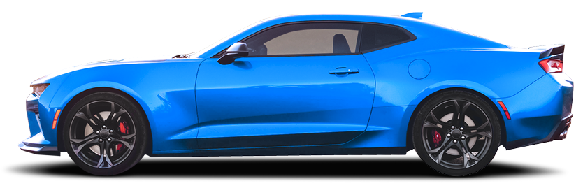 Red Ford Mustang coupe. Side view, showing wheels, doors, and window details. | Dyno-Comp