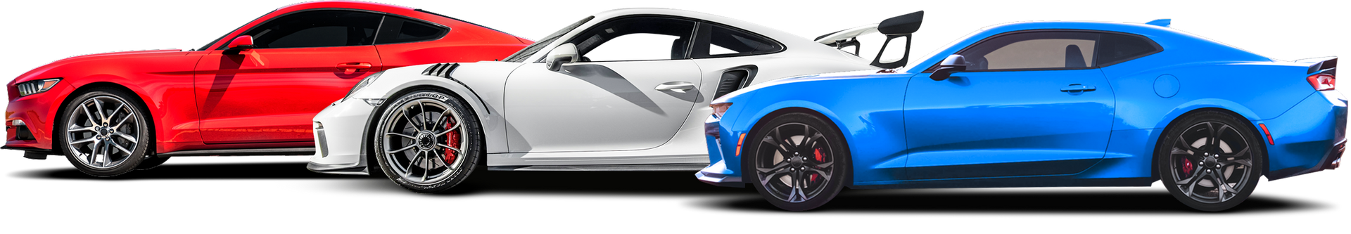 Three sports cars: red, white, and blue, parked close together. | Dyno-Comp