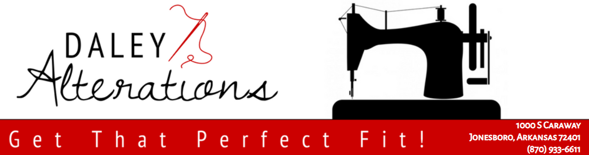 Daley Alterations logo with a sewing machine icon, the slogan "Get That Perfect Fit!", and address information.