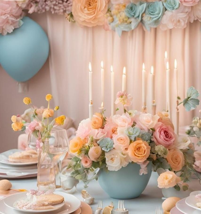 Festive table setting with flowers, candles, and light blue accents.