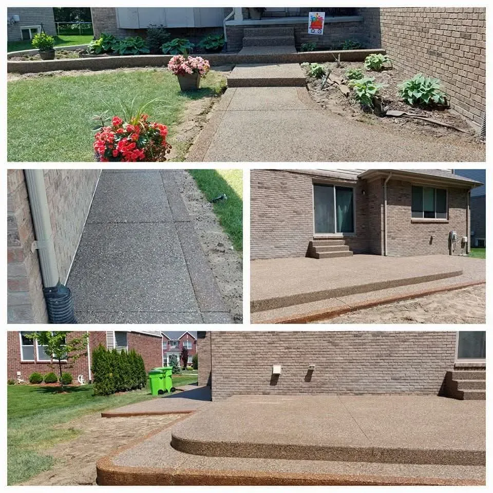 Composite showing concrete paths, steps, and patio with a textured finish against brick walls and landscaping.