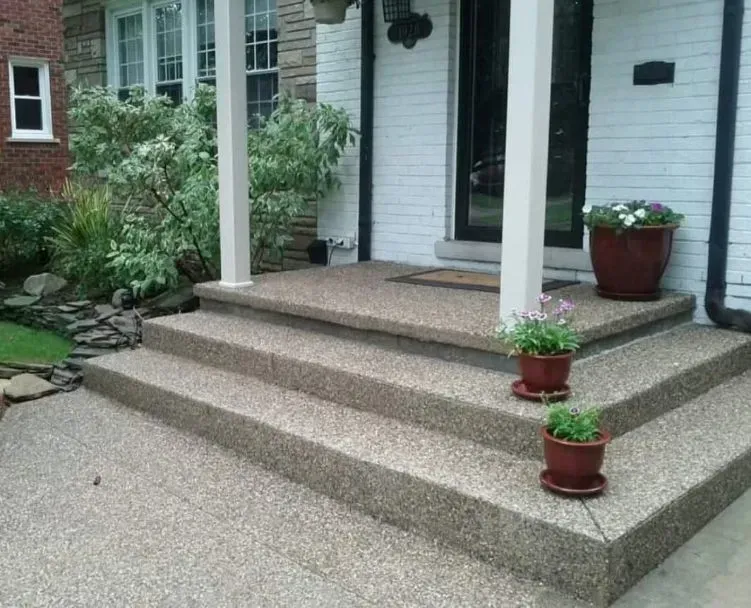 Concrete steps leading to a white brick house entrance with potted flowers; exterior view.