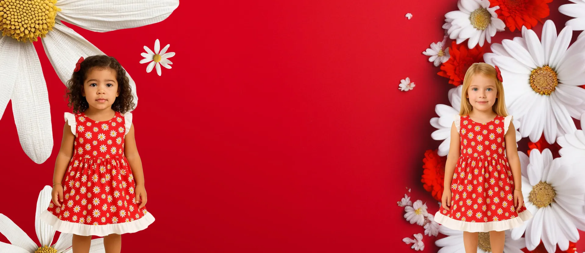 Two young girls in red dresses stand on a red background with flowers.