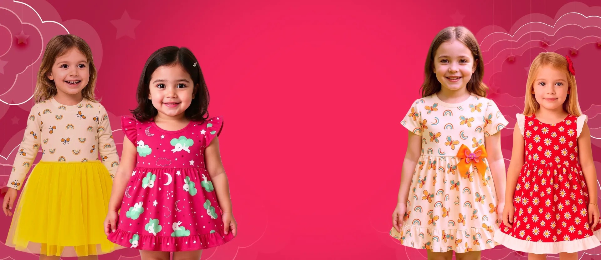 Four young girls in colorful dresses smiling against a pink backdrop.