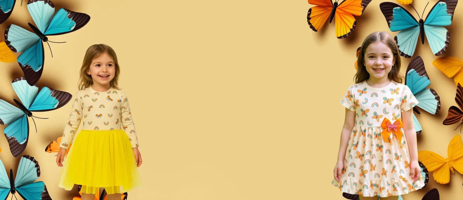 Two smiling girls in butterfly-themed dresses with butterfly decorations, yellow background.