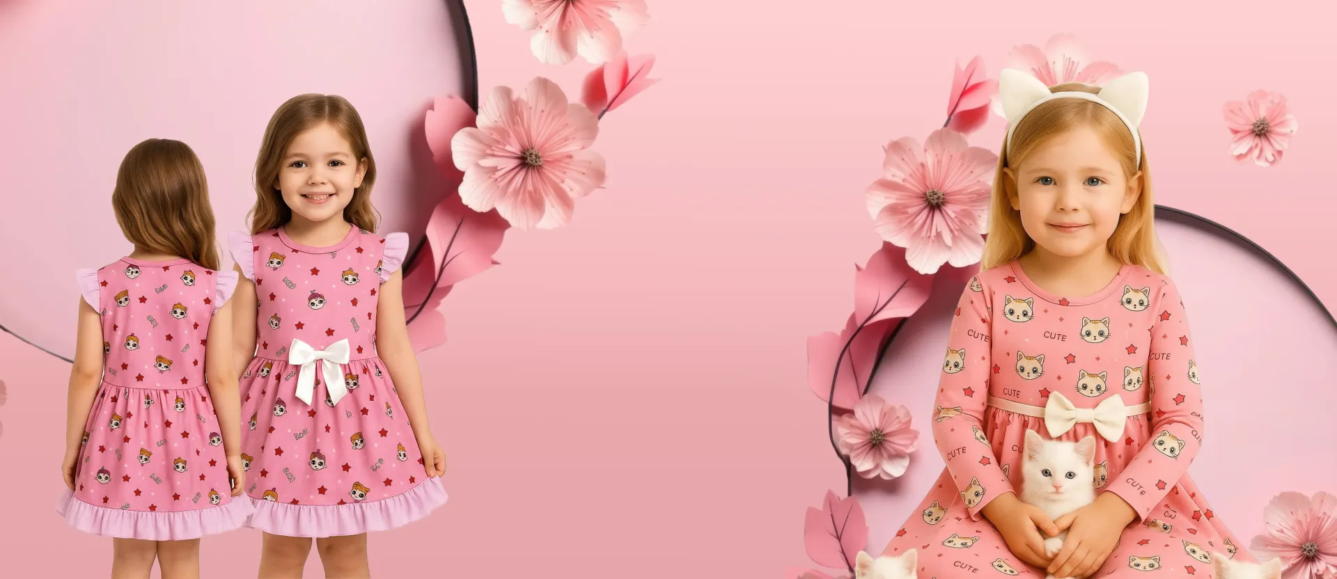 Three young girls in pink dresses with floral accents, surrounded by floral decorations, with a pink background.
