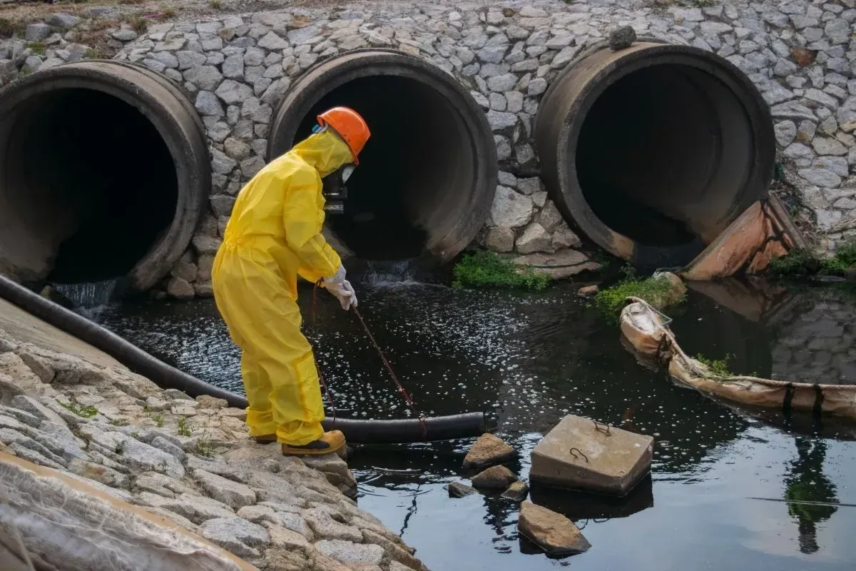 A man in a yellow protective suit is standing next to a river.