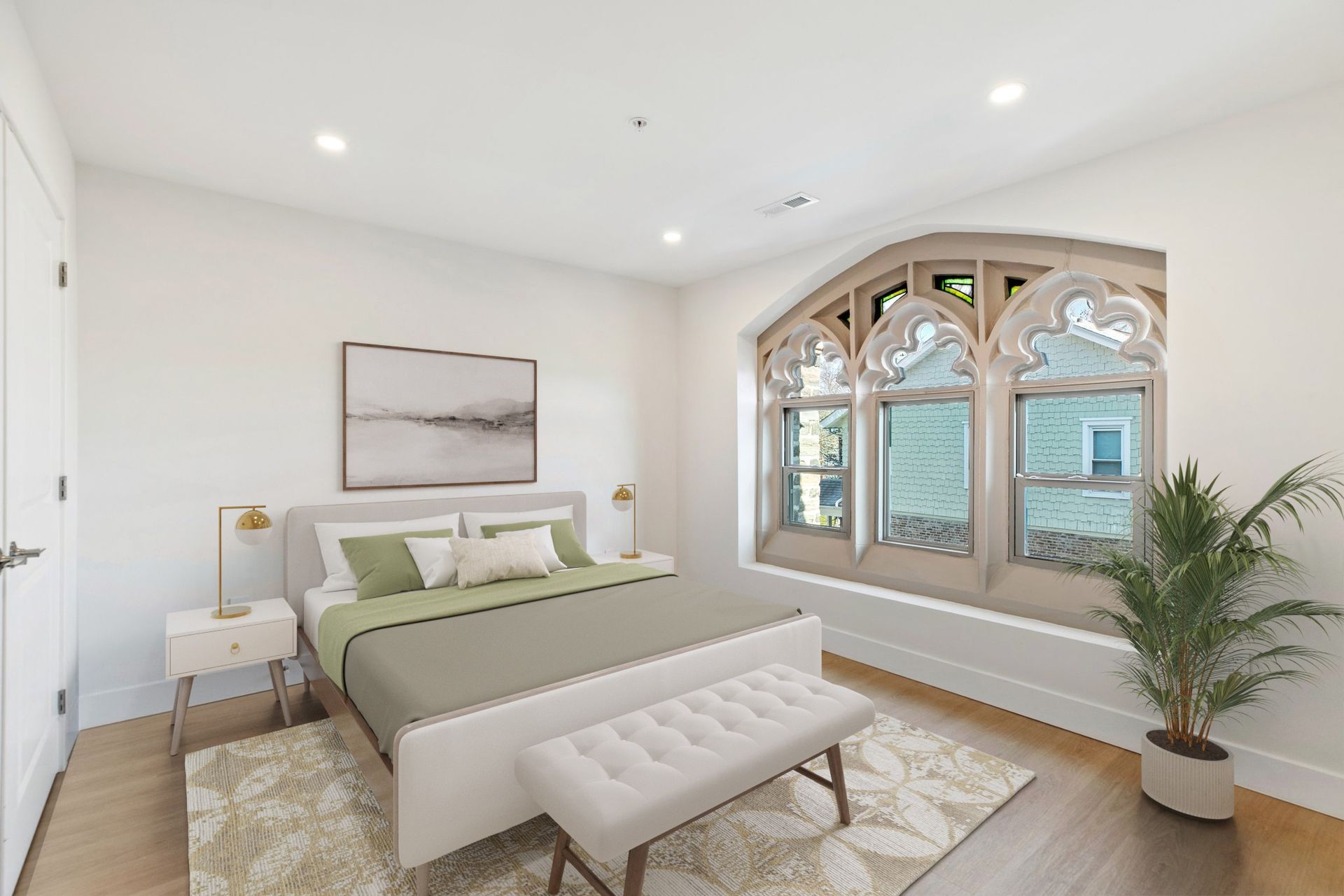 Penthouse layout lower level bedroom with architectural windows