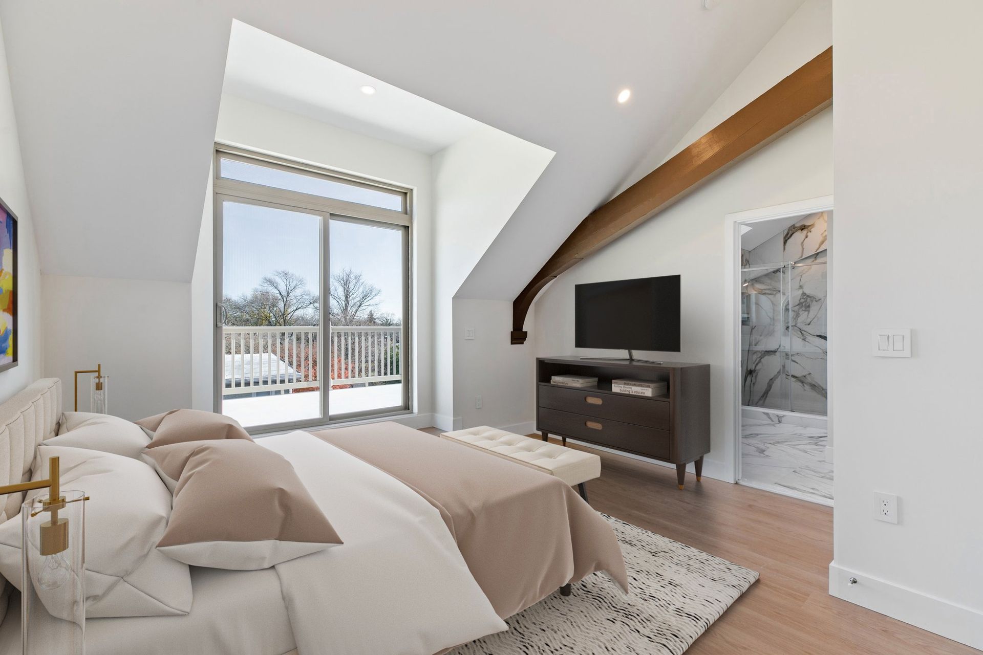 Penthouse layout upper level bedroom with walk out to roof deck