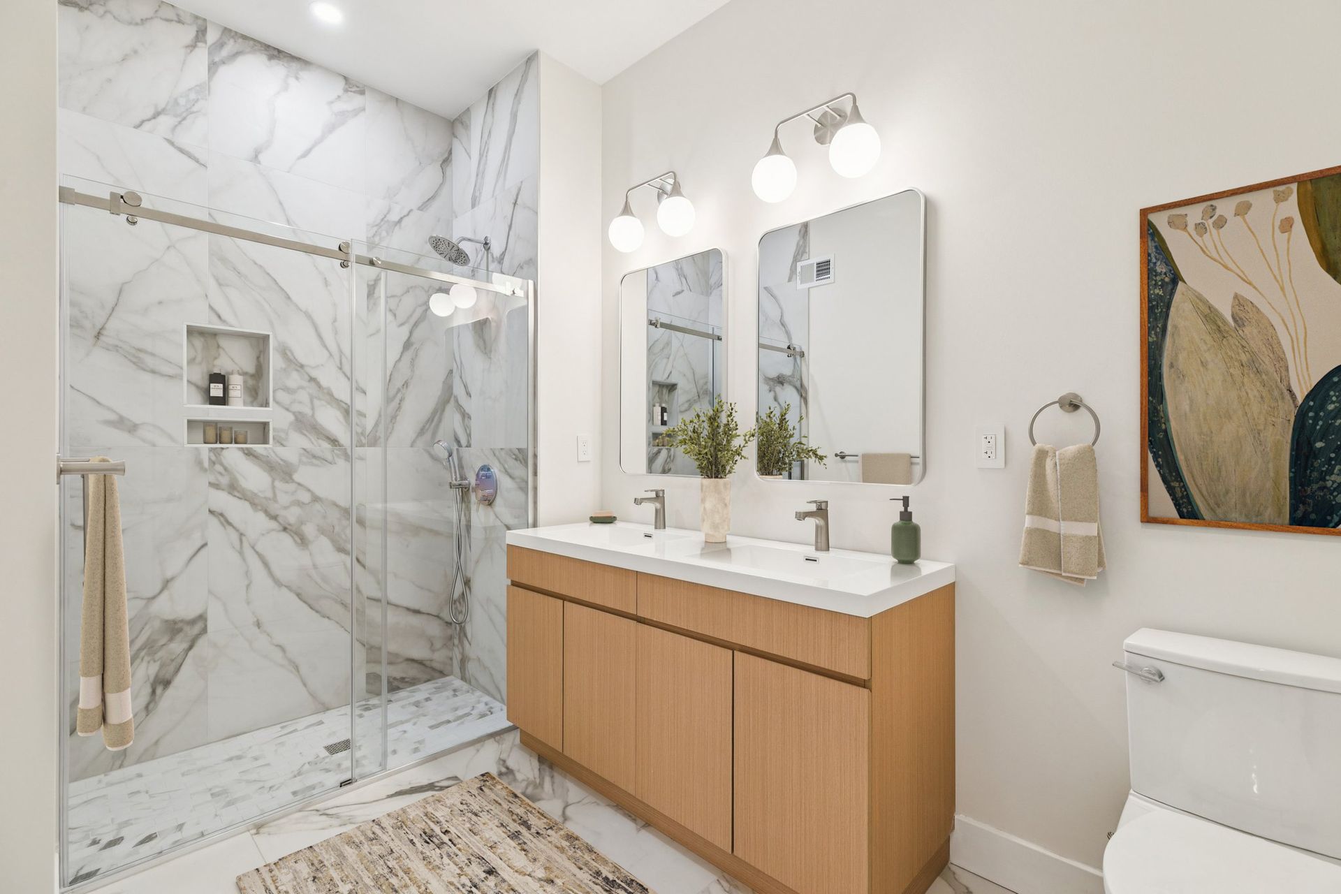 Monroe layout double vanity bathroom with standing shower