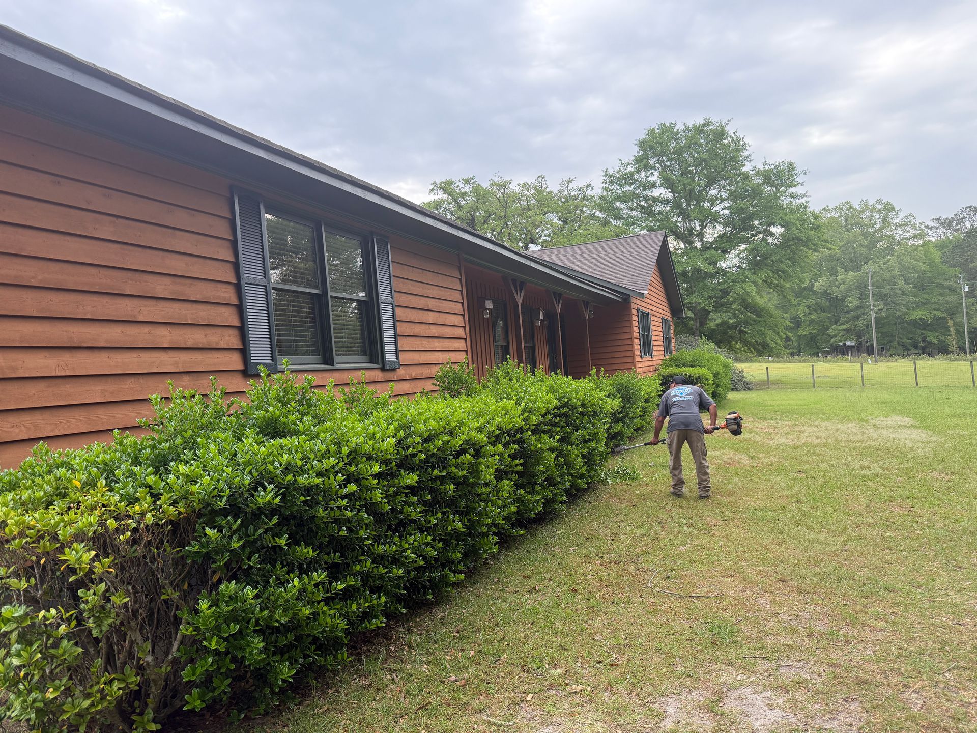 Person trimming bushes in front of a brown house with a dark roof and green lawn under an overcast sky.