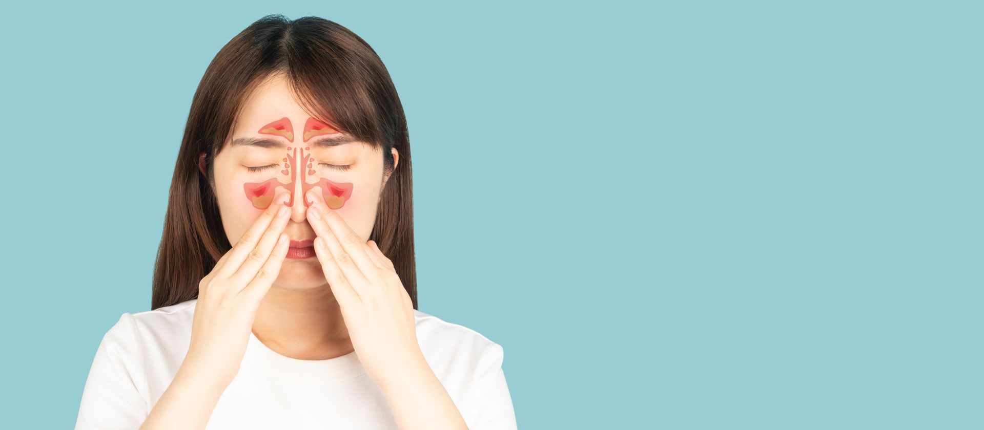 Woman pressing her nose bridge, showing a red highlighted sinus area on a blue background