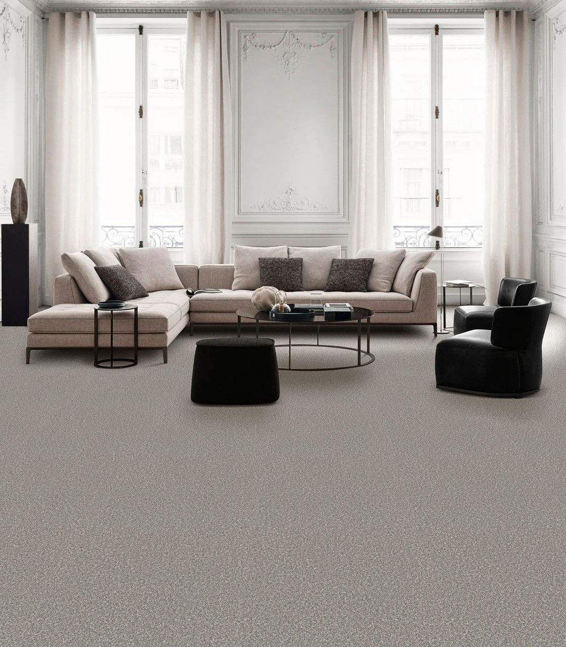 Living room with beige sofa, black furniture, and speckled carpet. White walls, windows, and drapes.