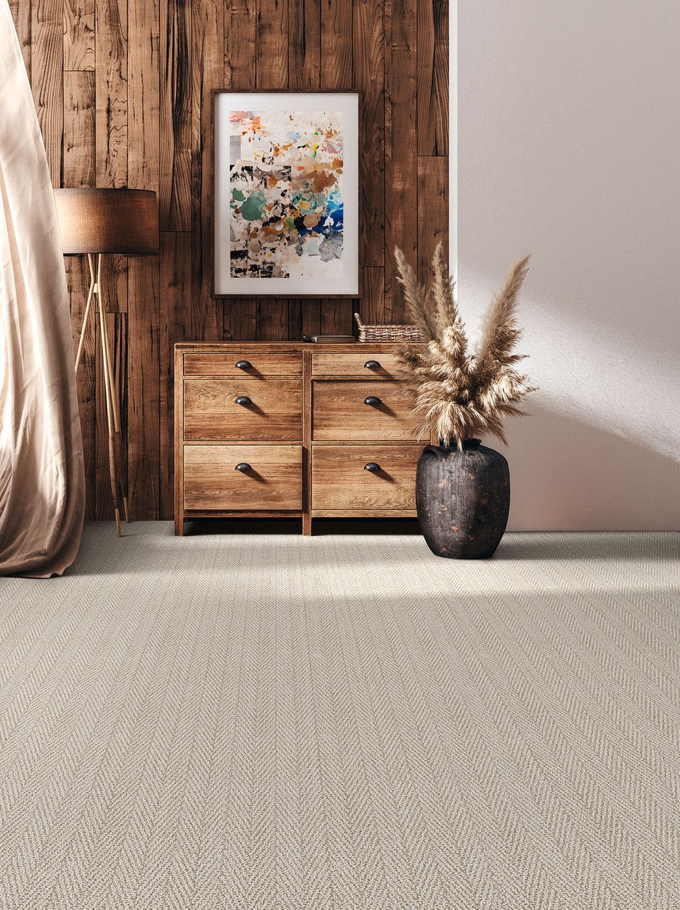 Beige carpet in a room with wooden furniture, art, and tall dried flowers in a dark vase.