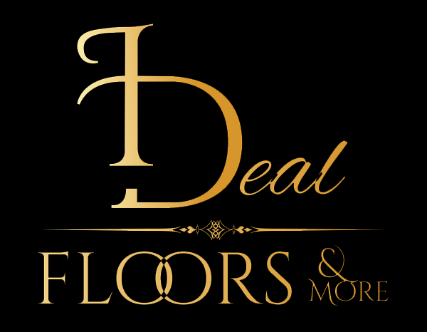 Gold logo for Deal Floors & More on a black background. The design is elegant.