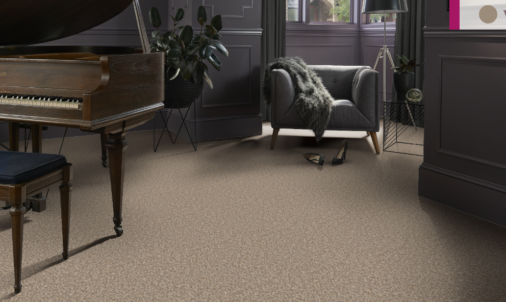 Tan carpet in a room with a piano, armchair, and plants.